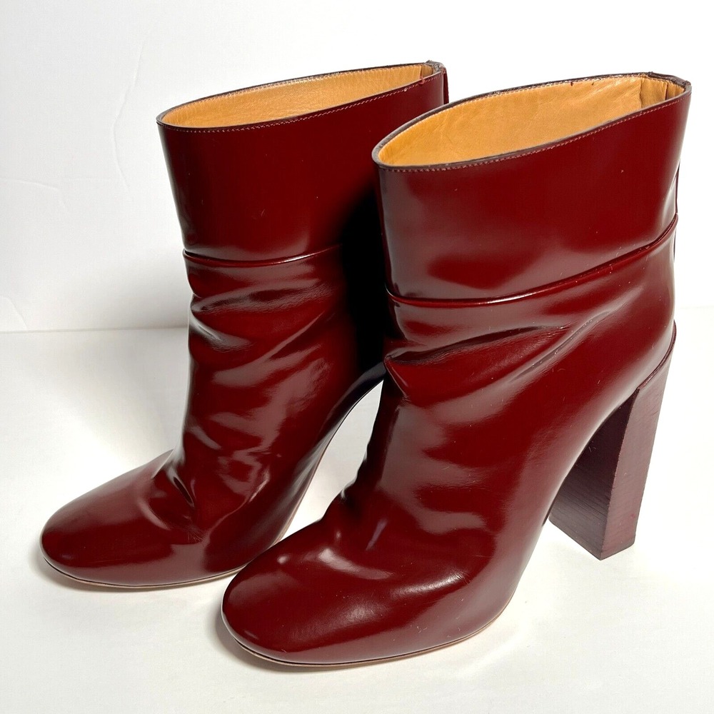 Chloe Sz EU 39.5 Ankle Boots Burgundy Patent Leather Block‎ Heel Luxury Italy